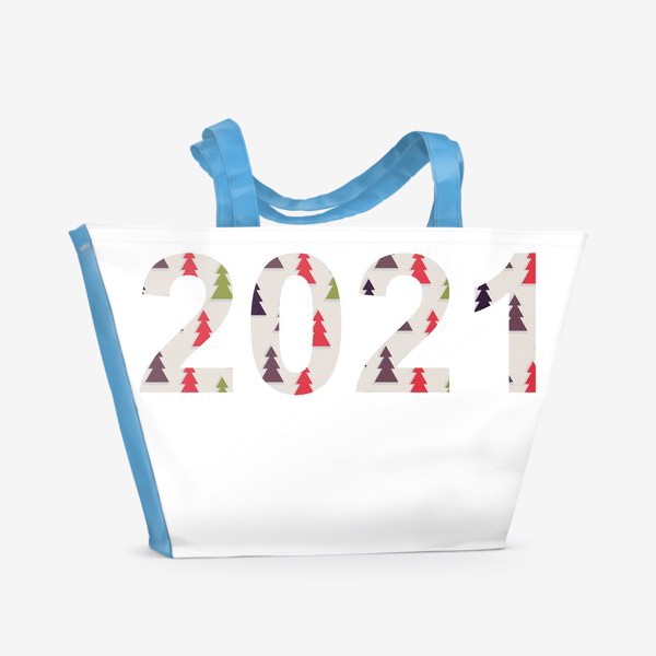 Пляжная сумка &laquo;Цифры 2021 с символами Нового года и Рождества: разноцветные треугольные ёлки&raquo;