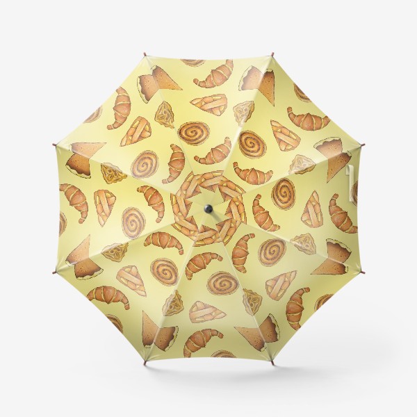 Зонт «Круассаны и булочки на желтом фоне Паттерн для кухни выпечка  Узор для ткани»
