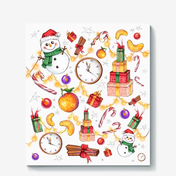 Холст «Новогоднее ассорти: снеговик, мандарин, гирлянда - белый фон»