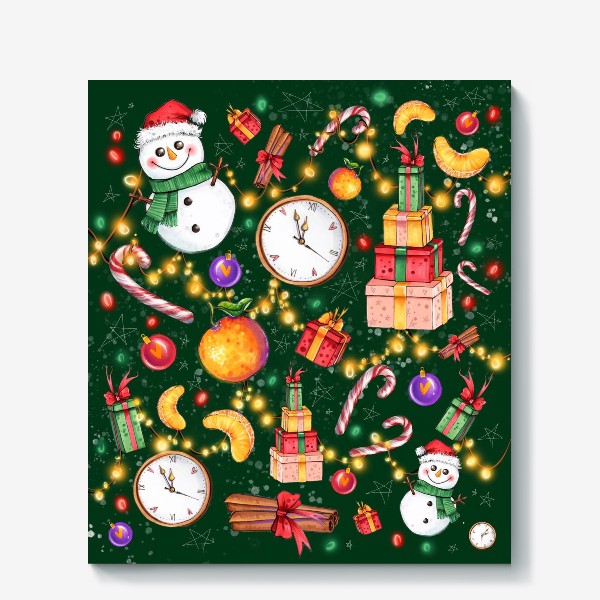 Холст «Новогоднее ассорти: снеговик, мандарин, гирлянда - зеленый фон»