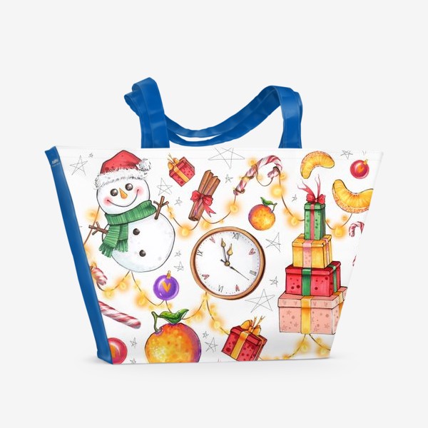 Пляжная сумка «Новогоднее ассорти: снеговик, мандарин, гирлянда - белый фон»