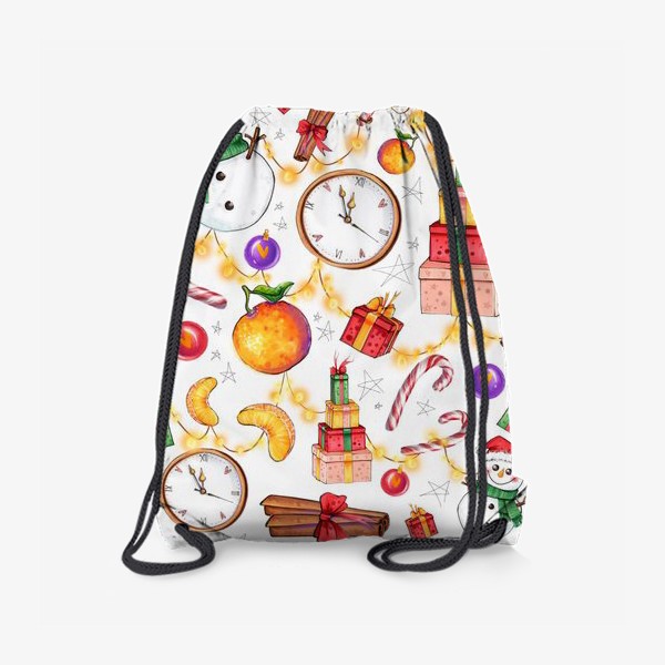 Рюкзак «Новогоднее ассорти: снеговик, мандарин, гирлянда - белый фон»