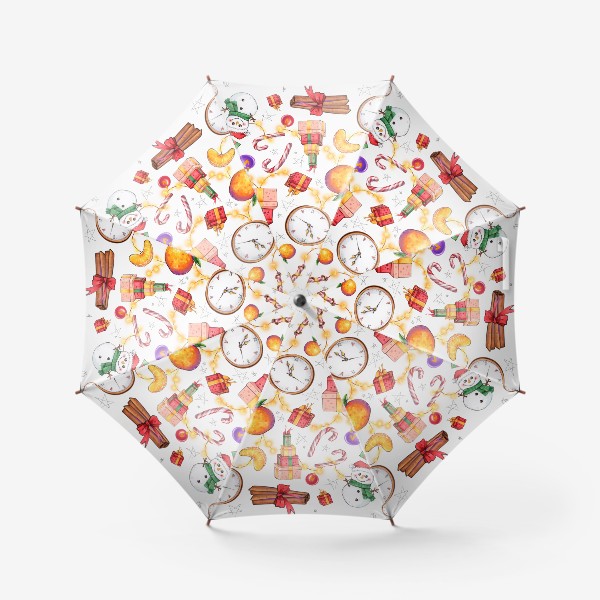Зонт «Новогоднее ассорти: снеговик, мандарин, гирлянда - белый фон»