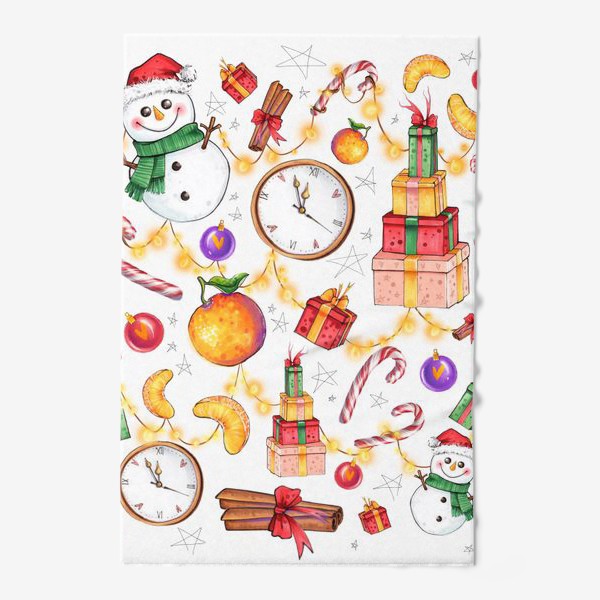 Полотенце «Новогоднее ассорти: снеговик, мандарин, гирлянда - белый фон»