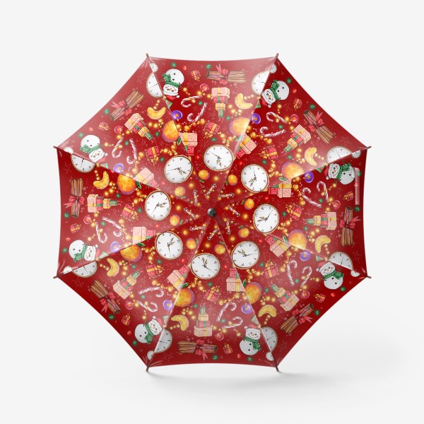 Зонт «Новогоднее ассорти: снеговик, мандарин, гирлянда - красный фон»