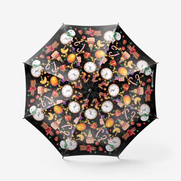Зонт «Новогоднее ассорти: снеговик, мандарин, гирлянда - черный фон»