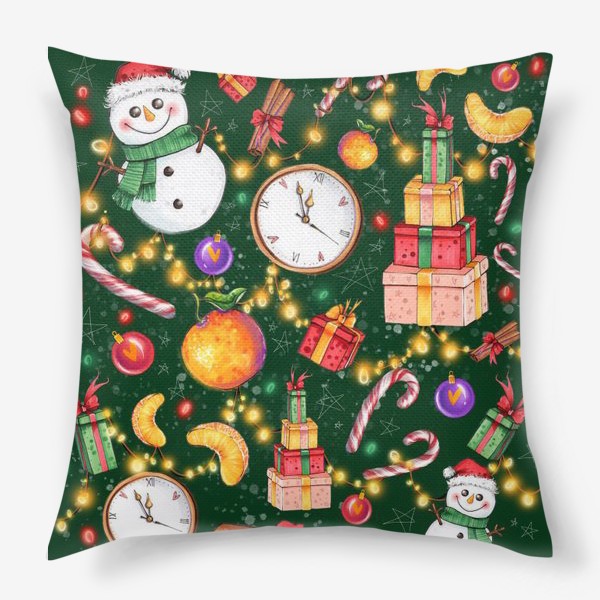 Подушка «Новогоднее ассорти: снеговик, мандарин, гирлянда - зеленый фон»