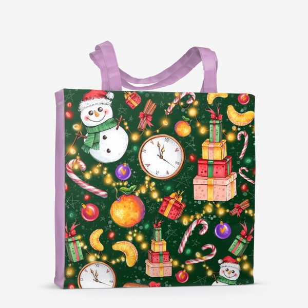 Сумка-шоппер «Новогоднее ассорти: снеговик, мандарин, гирлянда - зеленый фон»