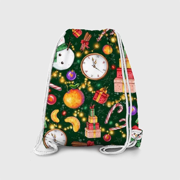 Рюкзак «Новогоднее ассорти: снеговик, мандарин, гирлянда - зеленый фон»