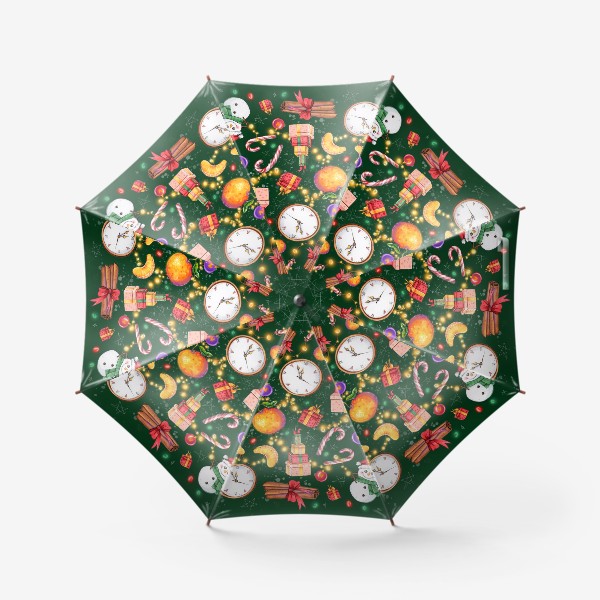Зонт «Новогоднее ассорти: снеговик, мандарин, гирлянда - зеленый фон»