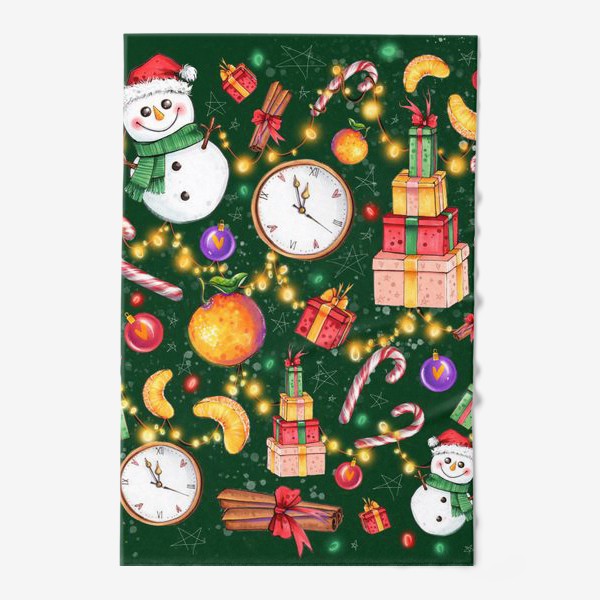 Полотенце «Новогоднее ассорти: снеговик, мандарин, гирлянда - зеленый фон»