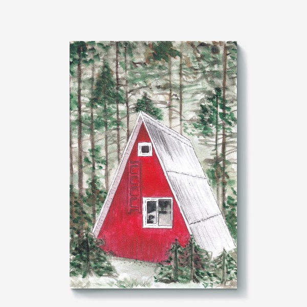 Холст «Треугольный красный дом в лесу среди сосен и ёлок»