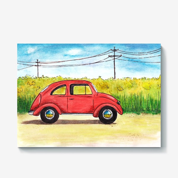Холст «Винтажный красный ретро автомобиль на фоне цветочного поля и голубого неба»