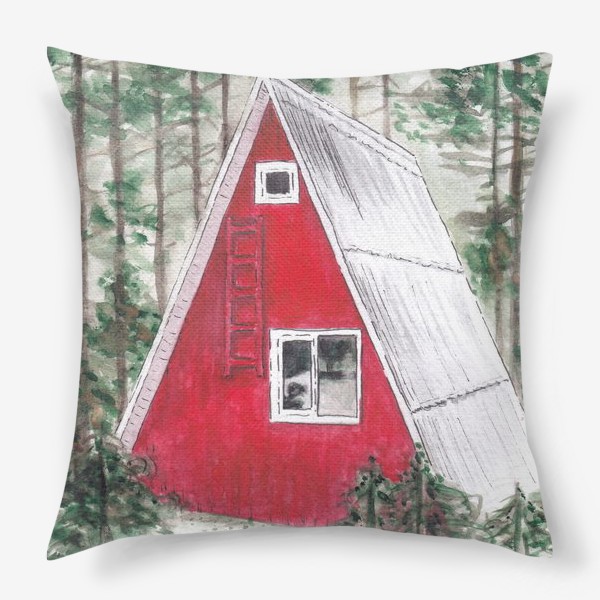 Подушка «Треугольный красный дом в лесу среди сосен и ёлок»