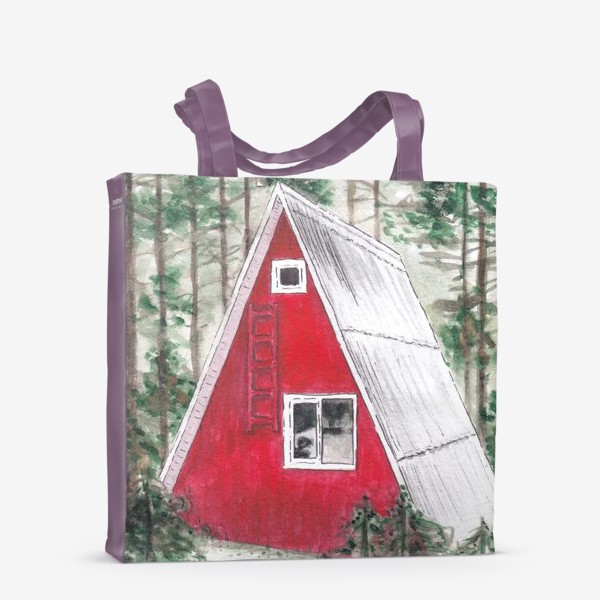 Сумка-шоппер «Треугольный красный дом в лесу среди сосен и ёлок»