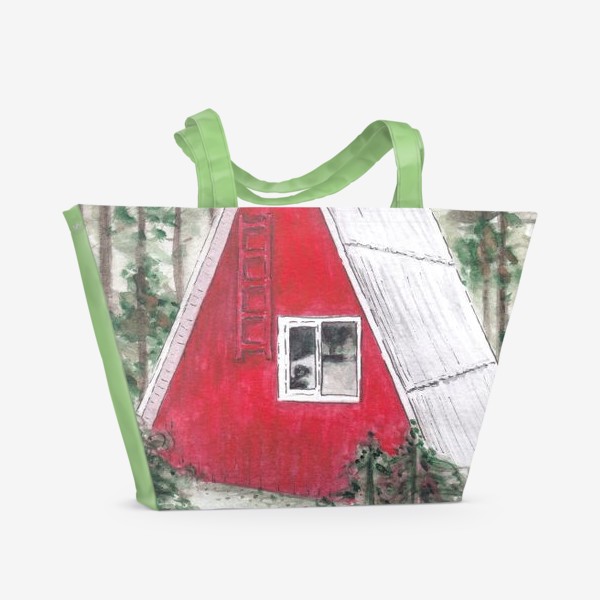 Пляжная сумка «Треугольный красный дом в лесу среди сосен и ёлок»