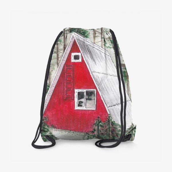 Рюкзак «Треугольный красный дом в лесу среди сосен и ёлок»