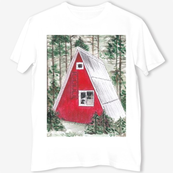 Футболка «Треугольный красный дом в лесу среди сосен и ёлок»