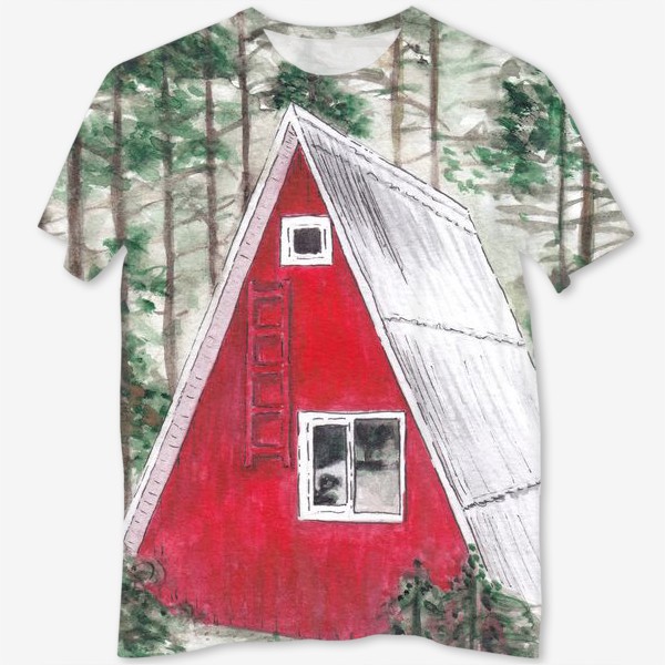 Футболка с полной запечаткой «Треугольный красный дом в лесу среди сосен и ёлок»