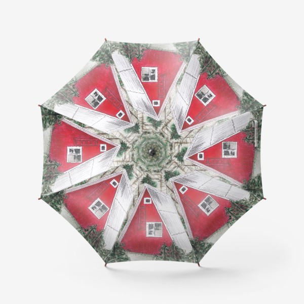 Зонт «Треугольный красный дом в лесу среди сосен и ёлок»