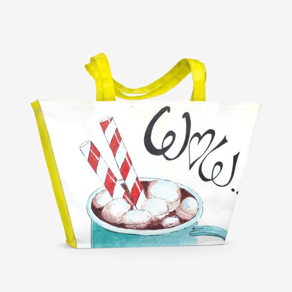 Пляжная сумка «Зефир маршмеллоу и сладкие палочки в кружке с какао »