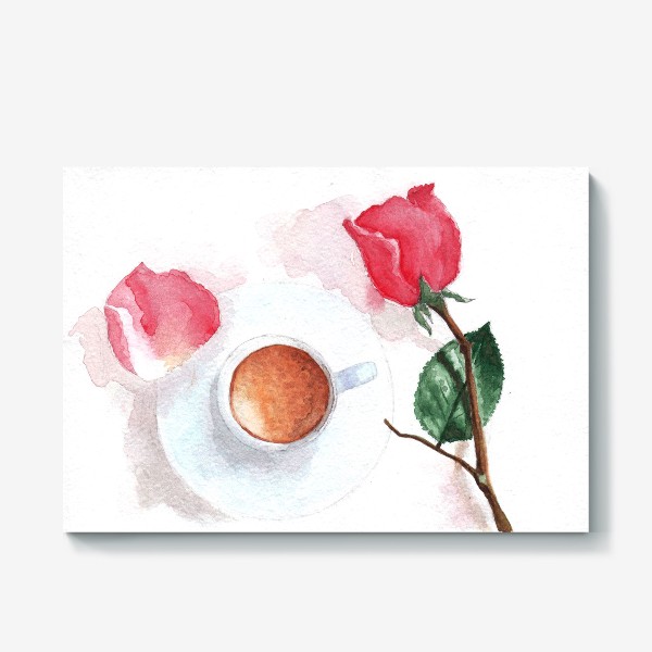 Холст &laquo;Красная роза, чашка кофе или какао, розовый лепесток&raquo;