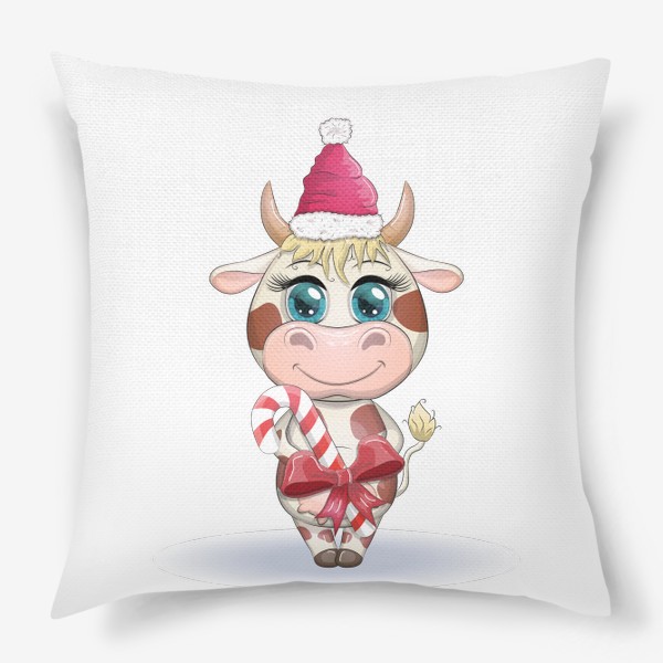 Подушка «Бык, символ 2021 года, корова с кенди-кейн и в шапке Санта-Клауса»