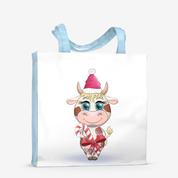 Сумка-шоппер «Бык, символ 2021 года, корова с кенди-кейн и в шапке Санта-Клауса»