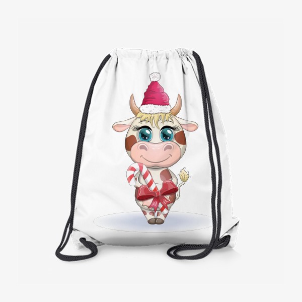 Рюкзак «Бык, символ 2021 года, корова с кенди-кейн и в шапке Санта-Клауса»