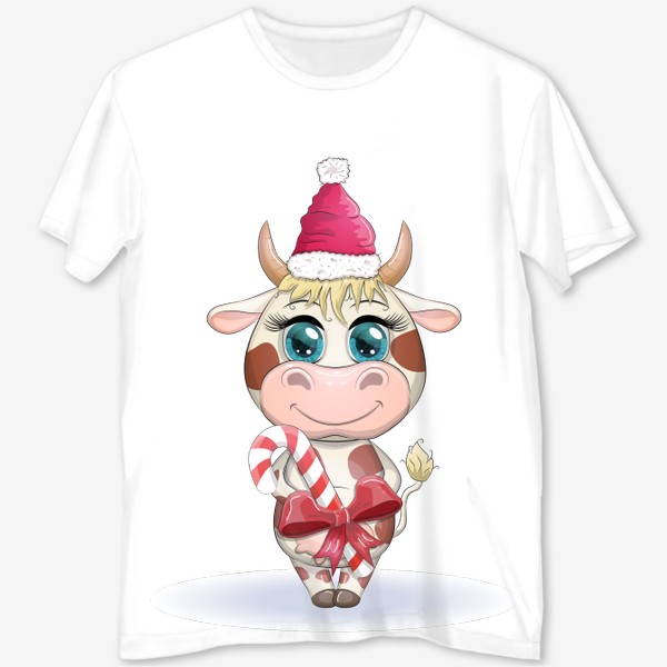 Футболка с полной запечаткой «Бык, символ 2021 года, корова с кенди-кейн и в шапке Санта-Клауса»