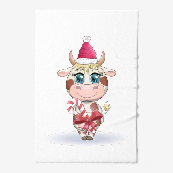 Полотенце &laquo;Бык, символ 2021 года, корова с кенди-кейн и в шапке Санта-Клауса&raquo;