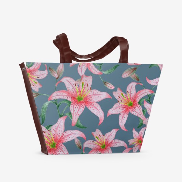Пляжная сумка &laquo;Цветы лилии на сером фоне&raquo;