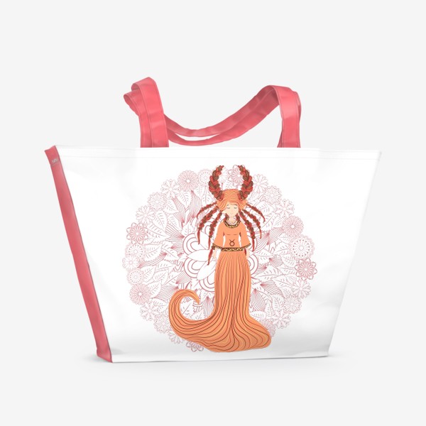 Пляжная сумка «Знак зодиака Телец и цветочная мандала»