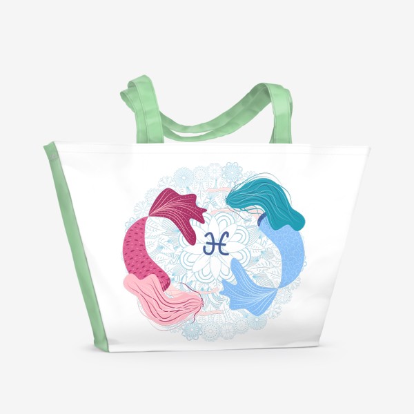Пляжная сумка «Знак зодиака Рыбы и цветочная мандала»