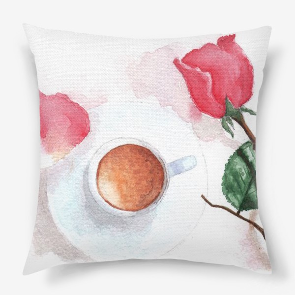 Подушка «Красная роза, чашка кофе или какао, розовый лепесток»