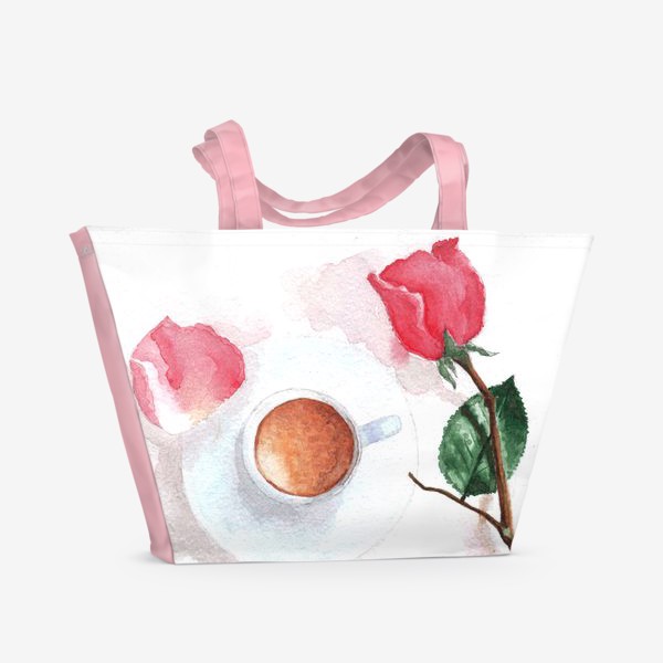 Пляжная сумка «Красная роза, чашка кофе или какао, розовый лепесток»