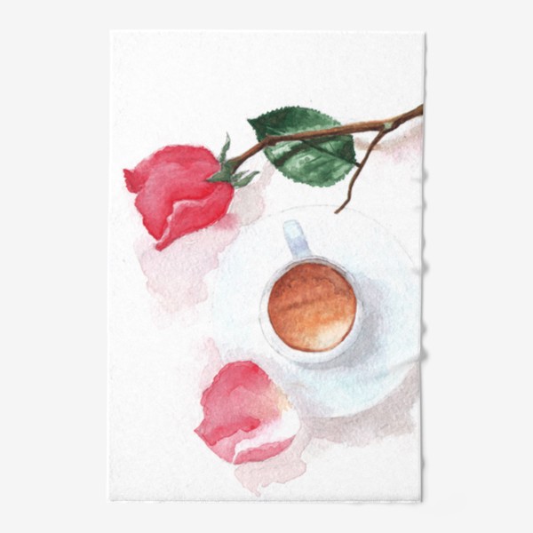 Полотенце «Красная роза, чашка кофе или какао, розовый лепесток»