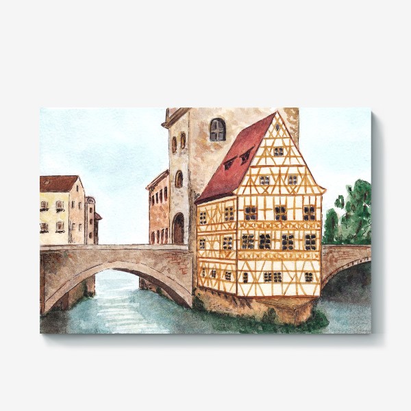 Холст «Акварельный старый город в Германии, фахверковый дом»