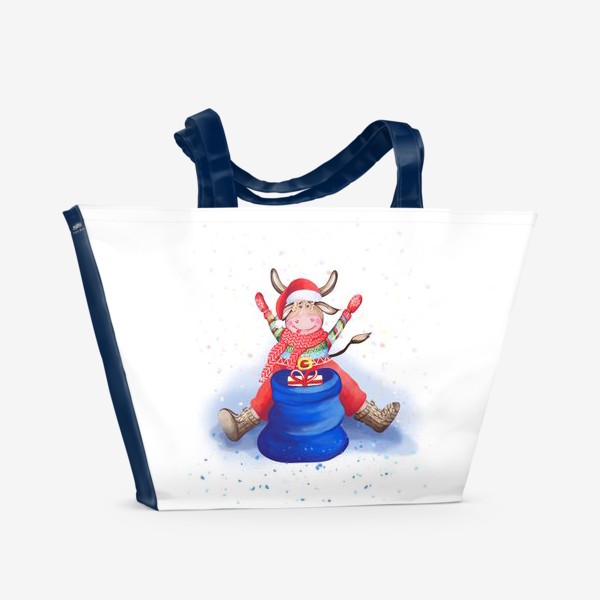 Пляжная сумка «Бык. Символ года 2021. Бычок Санта-Клаус»