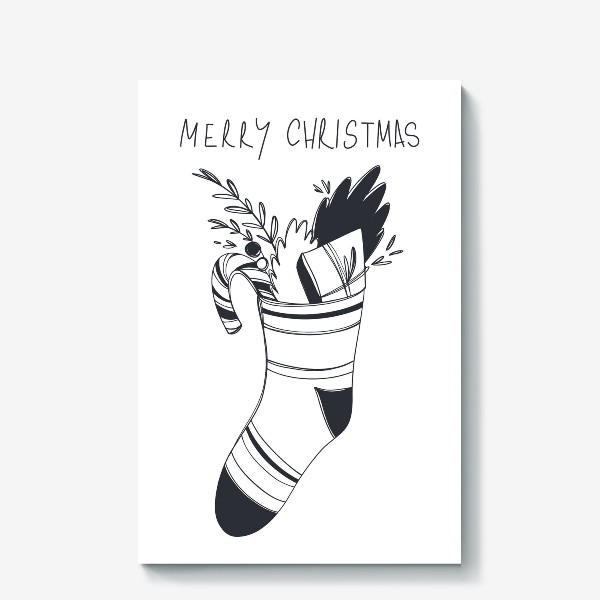 Холст «Рождественский принт носок со сладким и подарком и надписью с новым годом»