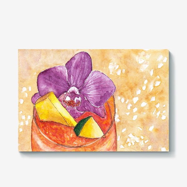 Холст «Акварельный коктейль с цветком орхидея и кусочками дыни и лайма»
