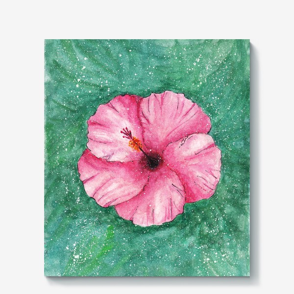 Холст «Акварельный розовый цветок гибискус с волнистыми лепестками на зеленом фоне в крапинку»