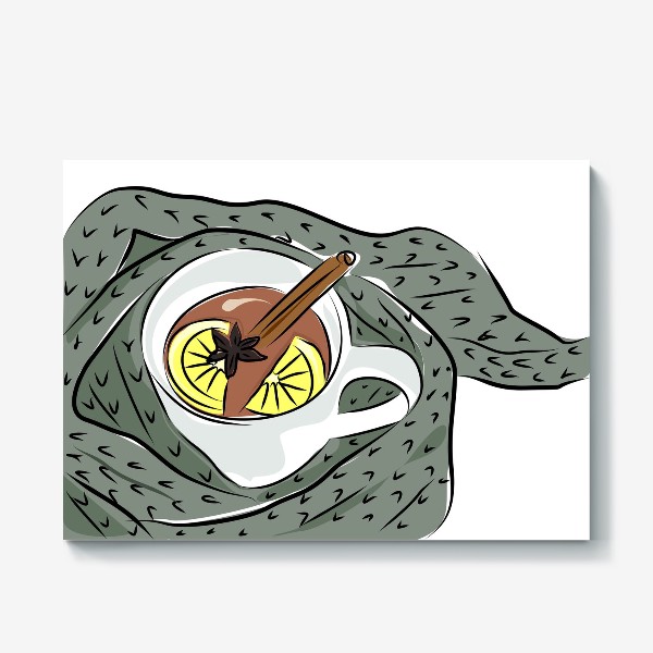 Холст «Чашка чая с лимоном и корицей в теплом шерстяном шарфе»