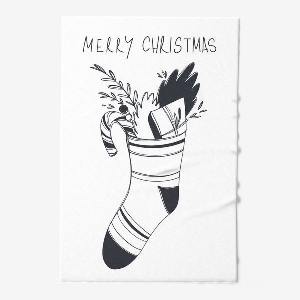 Полотенце &laquo;Рождественский принт носок со сладким и подарком и надписью с новым годом&raquo;