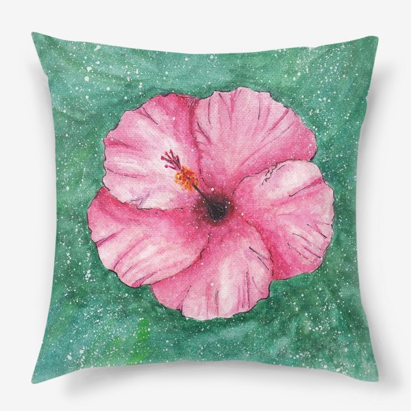 Подушка «Акварельный розовый цветок гибискус с волнистыми лепестками на зеленом фоне в крапинку»