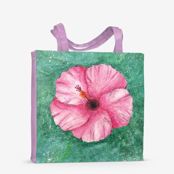 Сумка-шоппер «Акварельный розовый цветок гибискус с волнистыми лепестками на зеленом фоне в крапинку»