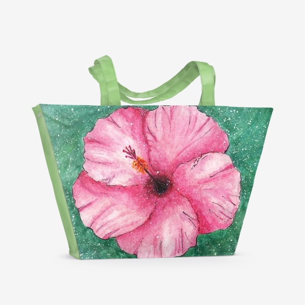 Пляжная сумка «Акварельный розовый цветок гибискус с волнистыми лепестками на зеленом фоне в крапинку»
