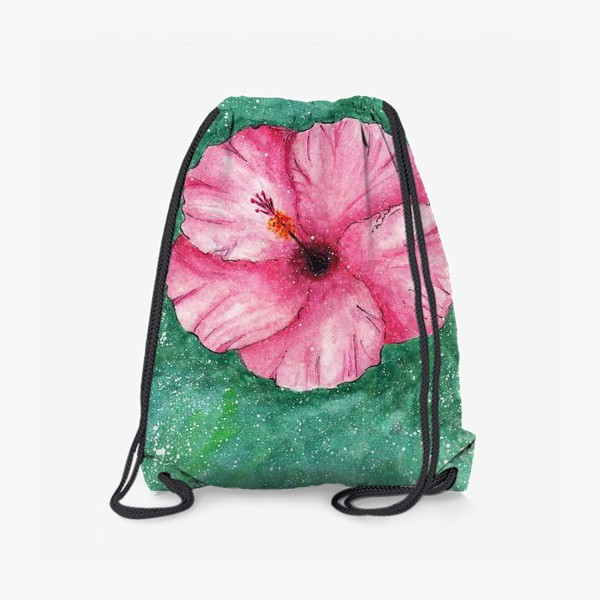 Рюкзак «Акварельный розовый цветок гибискус с волнистыми лепестками на зеленом фоне в крапинку»