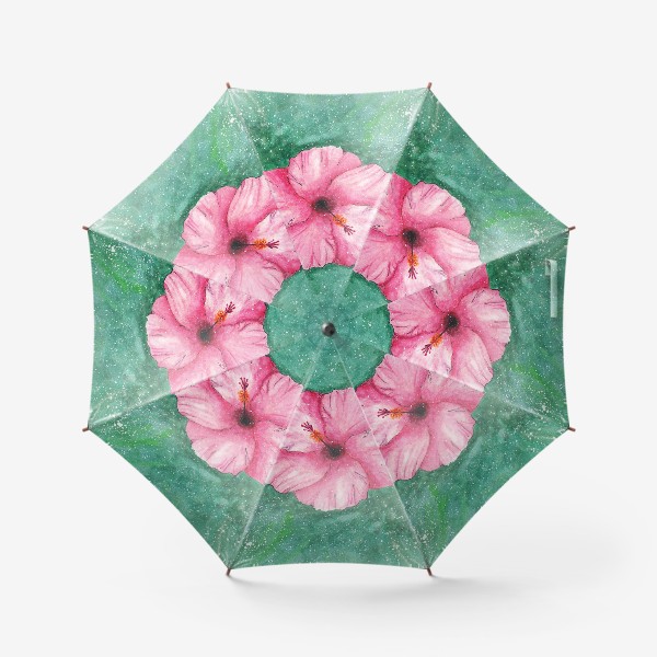 Зонт «Акварельный розовый цветок гибискус с волнистыми лепестками на зеленом фоне в крапинку»