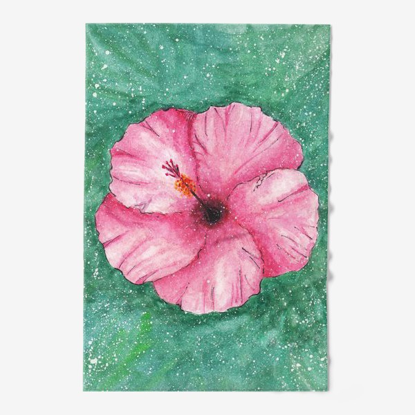Полотенце «Акварельный розовый цветок гибискус с волнистыми лепестками на зеленом фоне в крапинку»